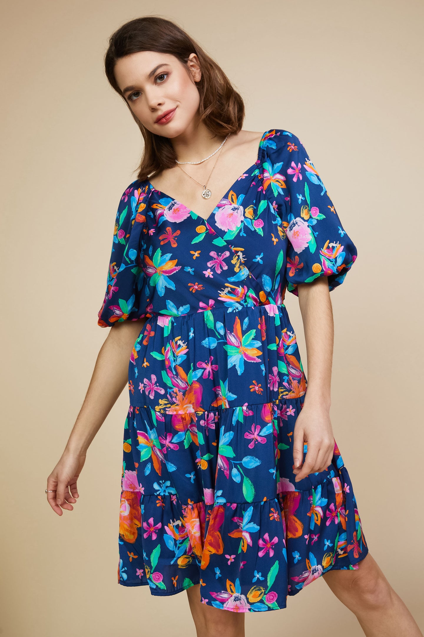 Aquatic Floral Surplice Short Dress